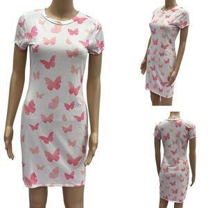 MRT 1030 White Butterfly Print Short Sleeve Tee Shirt Dress Womens Medium